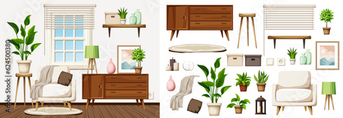 Scandinavian living room interior design with a white armchair, a dresser, and houseplants. Furniture set. Interior constructor. Cartoon vector illustration