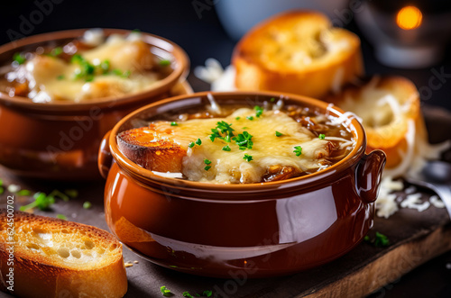 
The traditional presentation  of French Onion Soup. Portion of  classic caramelized onion soup served in a clay pot, topped with a golden cheese crouton.