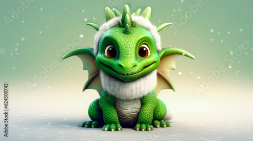 A cute green baby dragon wears a cozy white winter scarf and hat  surrounded by falling snow.  Winter holidays concept.