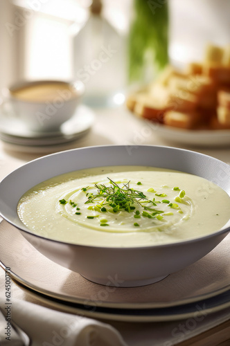 Creamy Potato Soup with a garnish of fresh herbs, served in a white ceramic bowl. Plate of bread croutons on the background.