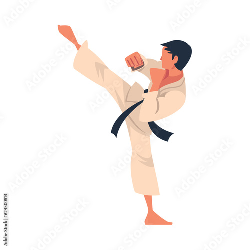 Man Engaged in Karate Punching and Kicking as Martial Arts Vector Illustration