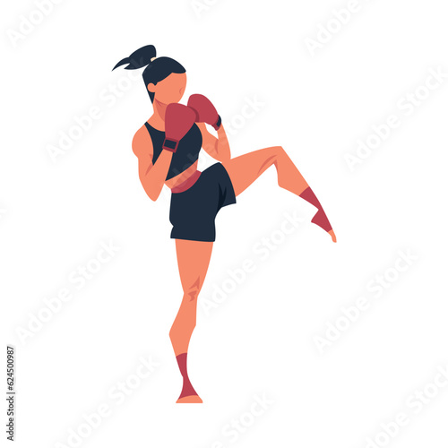 Woman Engaged in Kickboxing Fighting in Gloves as Martial Arts Vector Illustration