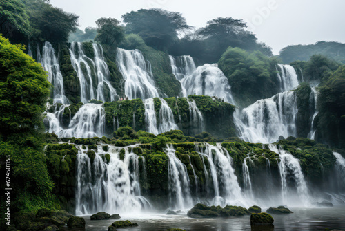 Enchanting portrayal of a hidden lake nestled among lush green mountains, with a cascading waterfall and delicate mist adding an ethereal touch to the scene, evoking a sense of wonder and serenity