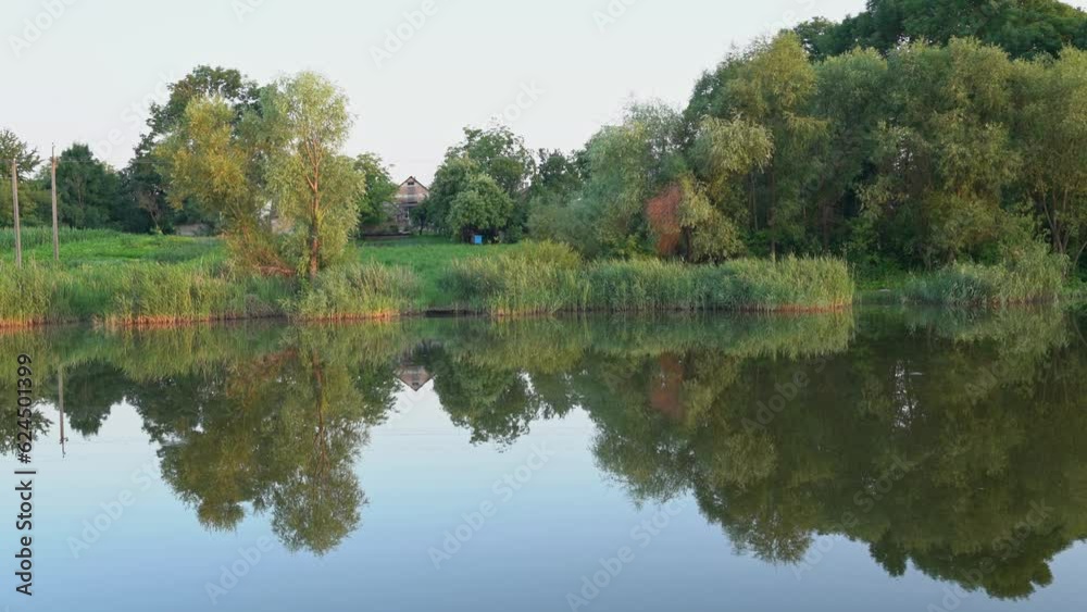 Stunning view of trees reflected on a lake with a glass like mirror water surface. A house in a village with an apiary stands among the green trees near a pond with a cattail and a reed. 4K landscape Stunning view of trees reflected on a lake with a glass like mirror water surface. A house in a village with an apiary stands among the green trees near a pond with a cattail and a reed. 4K landscape