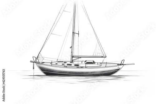 monochrome sketch of a traditional sailboat anchored in still water