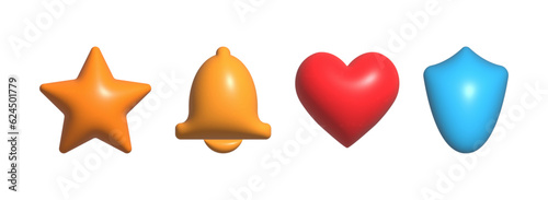 3d star, heart, bell and shield. Volumetric design for websites, applications and creative design.