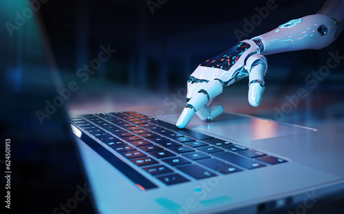 artificial intelligence, robot hand using a laptop, concept of technological advances