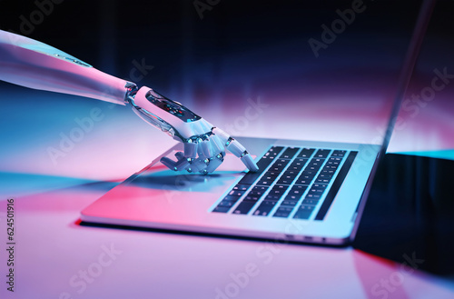 artificial intelligence, robot hand using a laptop, concept of technological advances, hacker, internet