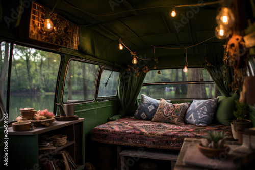 Serene and immersive view from the back of a van, showcasing a serene lake surrounded by lush greenery, with a reflection of the distant snow-capped peaks shimmering on the water's surface, emanating