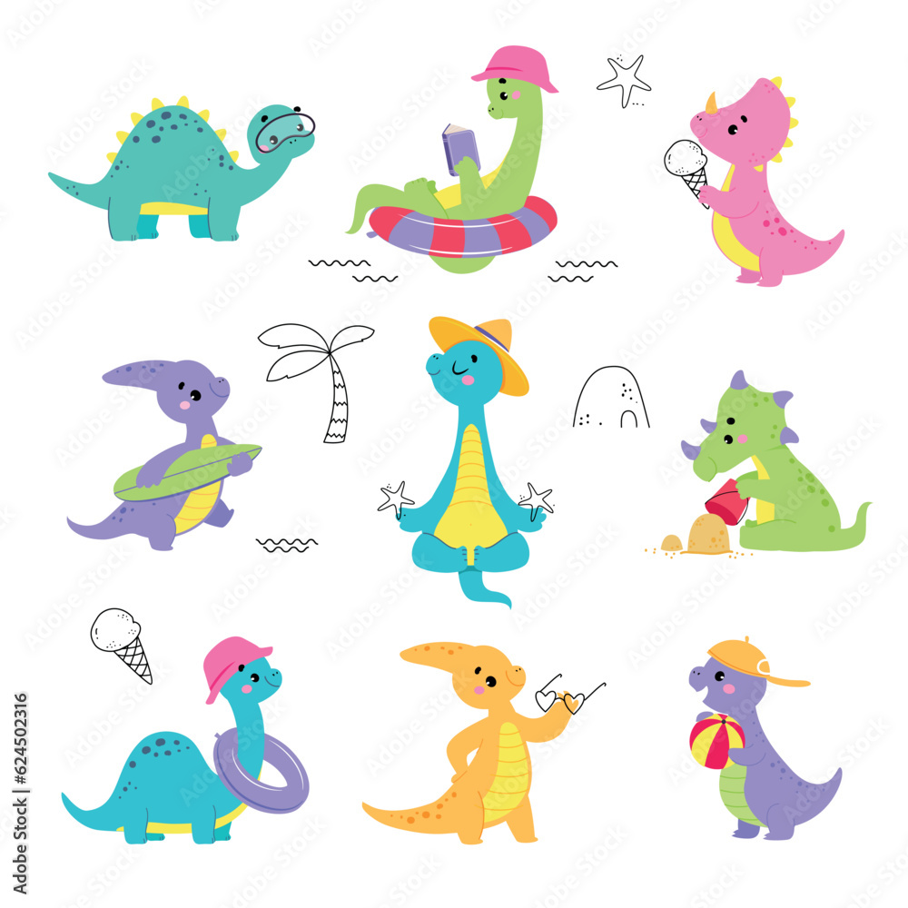 Cute Baby Dino Character Enjoy Summer Vector Set Cute Baby Dino Character Enjoy Summer Vector Set