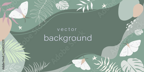 Rectangular background with natural ornaments, tropical leaves, butterflies. Flyer, banner with copy space with abstract forms. Vector graphics._