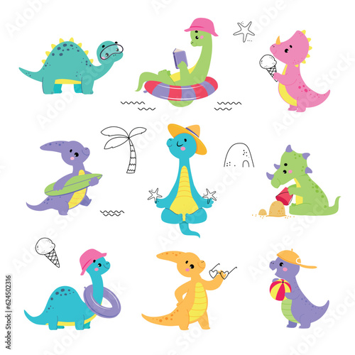 Cute Baby Dino Character Enjoy Summer Vector Set