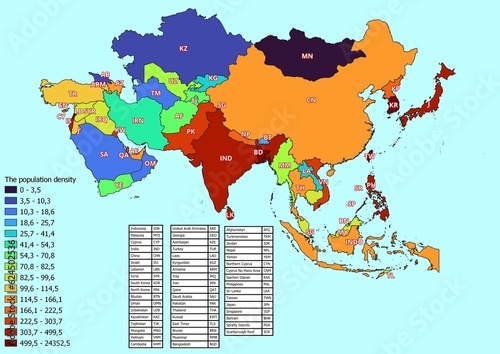 Asia map with countries classified by population density