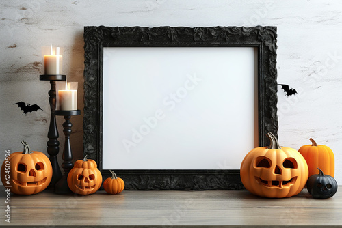Halloween mockup, shelf with empty frame and holiday decorations. Black frame with pumpkin decor and candles, copy space. AI generated