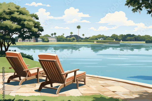 A serene illustration of a van parked by a peaceful river, with a hammock and lounge chairs set up nearby, inviting relaxation and tranquility in a natural setting