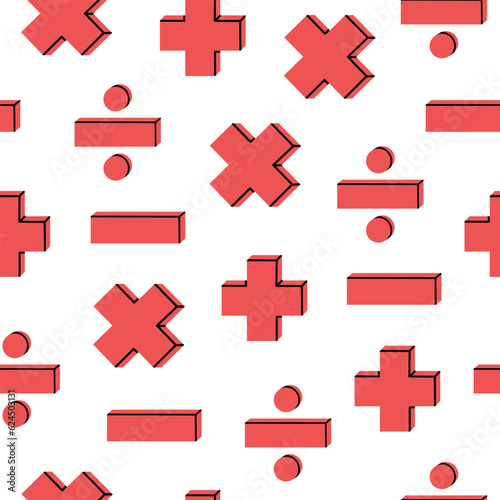 Hand drawn cute seamless pattern with math operations sign. Flat vector addition, subtraction, multiplication and division print in doodle style. Repeated education background, wrapping or wallpaper.