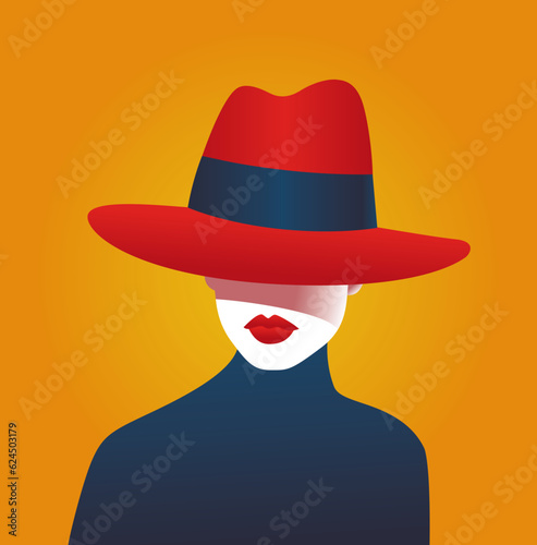 Attitude. Colorful vector illustration, portrait of a woman hidden behind a hat with red lips. decorative poster.