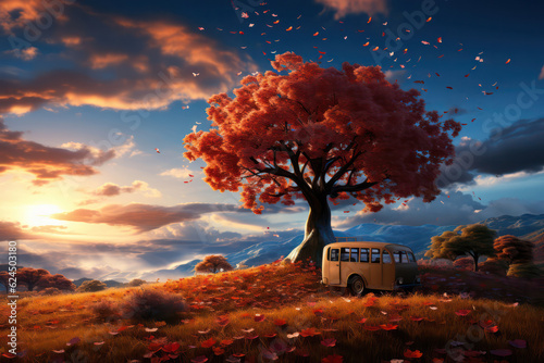 A captivating representation of a van parked in a flower-filled meadow, with colorful blossoms and butterflies dancing in the air, evoking a sense of harmony with nature and the beauty of vanlife dest photo