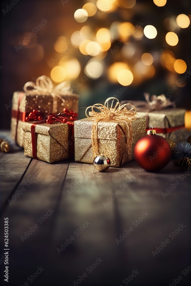 Christmas Gifts Presents Baubles Table Bokeh Lights Winter Background