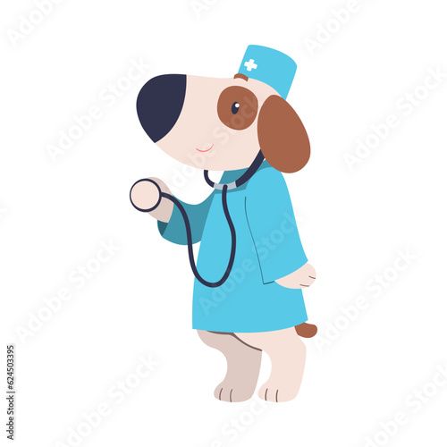 Cute Dog Pet Wear Blue Doctor Uniform with Stethoscope Vector Illustration