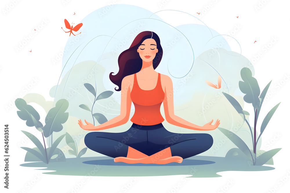Woman meditates outdoors with plants and a butterfly