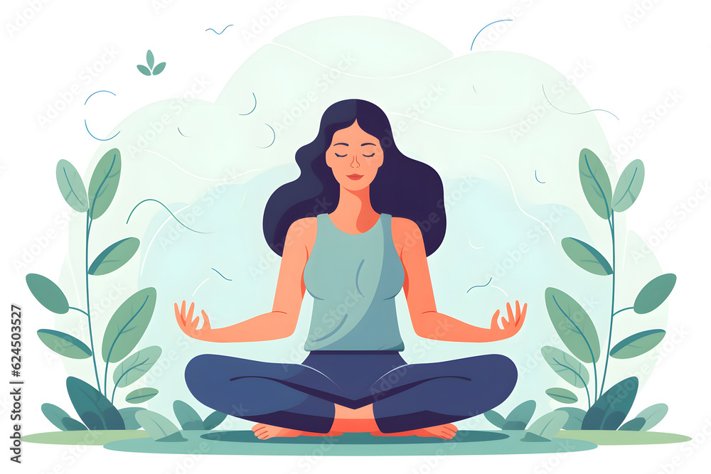 Woman meditates surrounded by plants in peaceful setting Woman meditates surrounded by plants in peaceful setting
