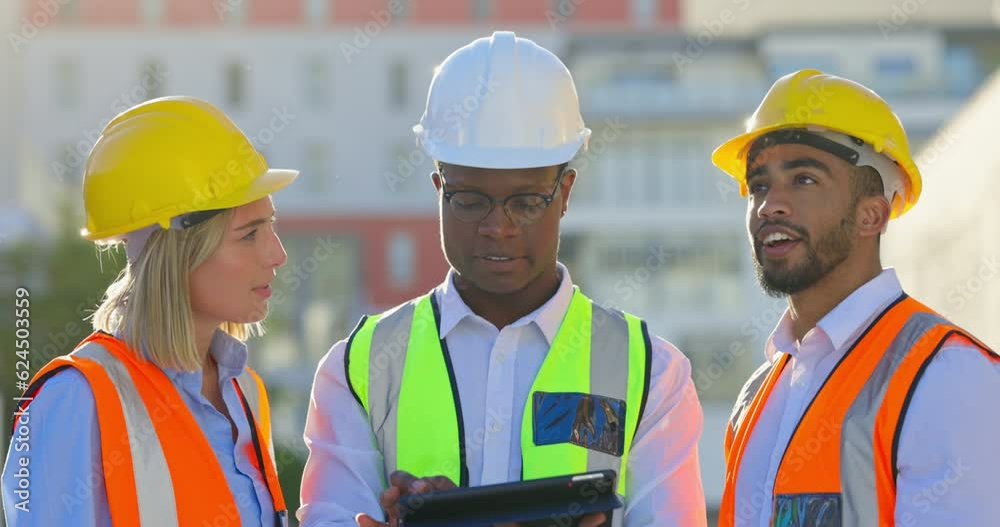 Engineering, tablet and group of people planning for building development, progress or design at outdoor site. Construction, diversity and digital architecture, teamwork and man or manager inspection