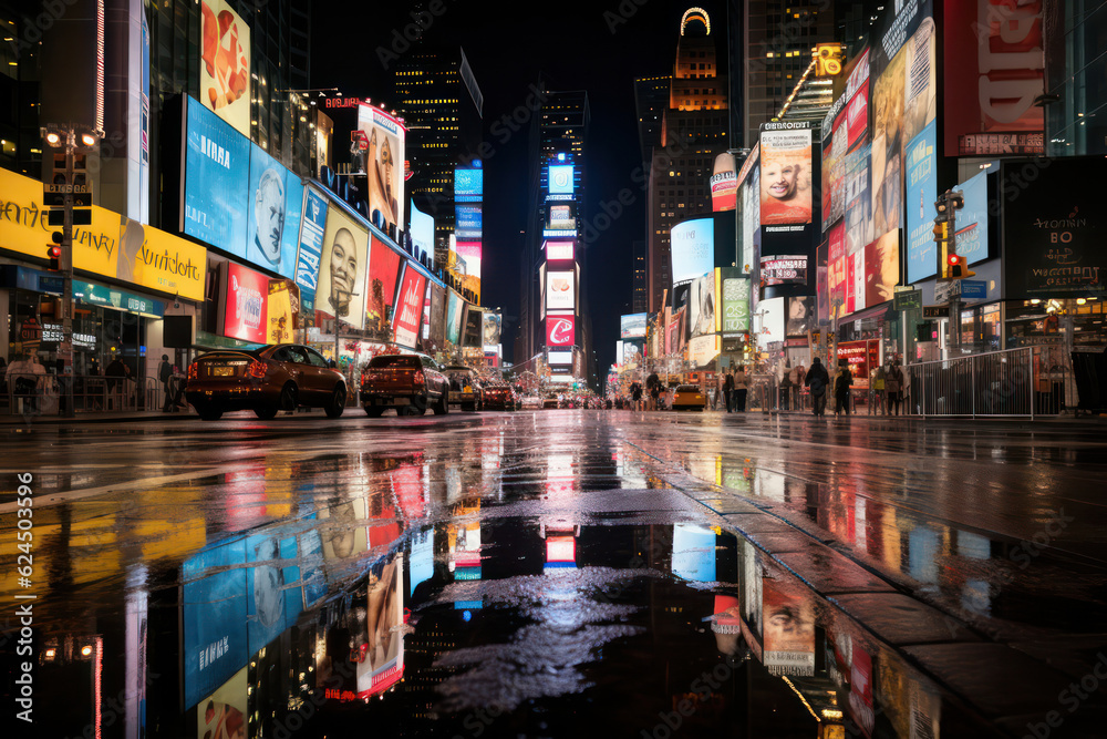 Captivating portrayal of a city with wet streets after rain, reflecting the colorful lights of neon signs and creating a mesmerizing visual display, accentuating the beauty and vibrancy of urban night