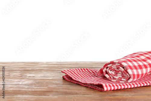 Clean napkins on wooden table against white background