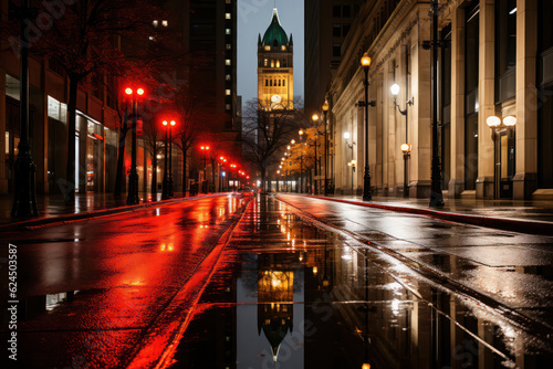 An atmospheric depiction of a city with rainy streets during the night, illuminated by the vibrant glow of neon lights, evoking a sense of mystery, intrigue, and urban sophistication