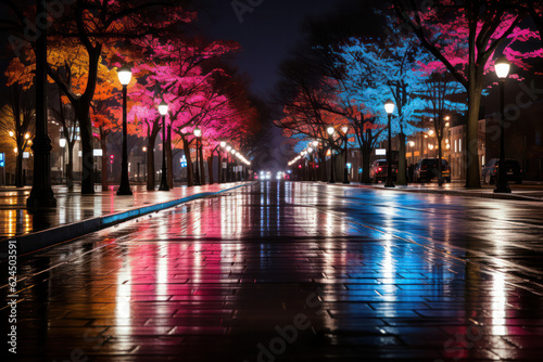 An atmospheric depiction of a city with rainy streets during the night, illuminated by the vibrant glow of neon lights, evoking a sense of mystery, intrigue, and urban sophistication © Matthias