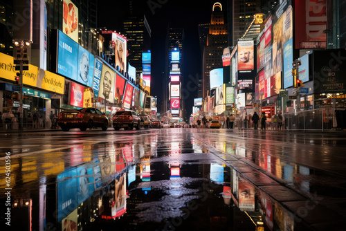 Captivating portrayal of a city with wet streets after rain  reflecting the colorful lights of neon signs and creating a mesmerizing visual display  accentuating the beauty and vibrancy of urban night