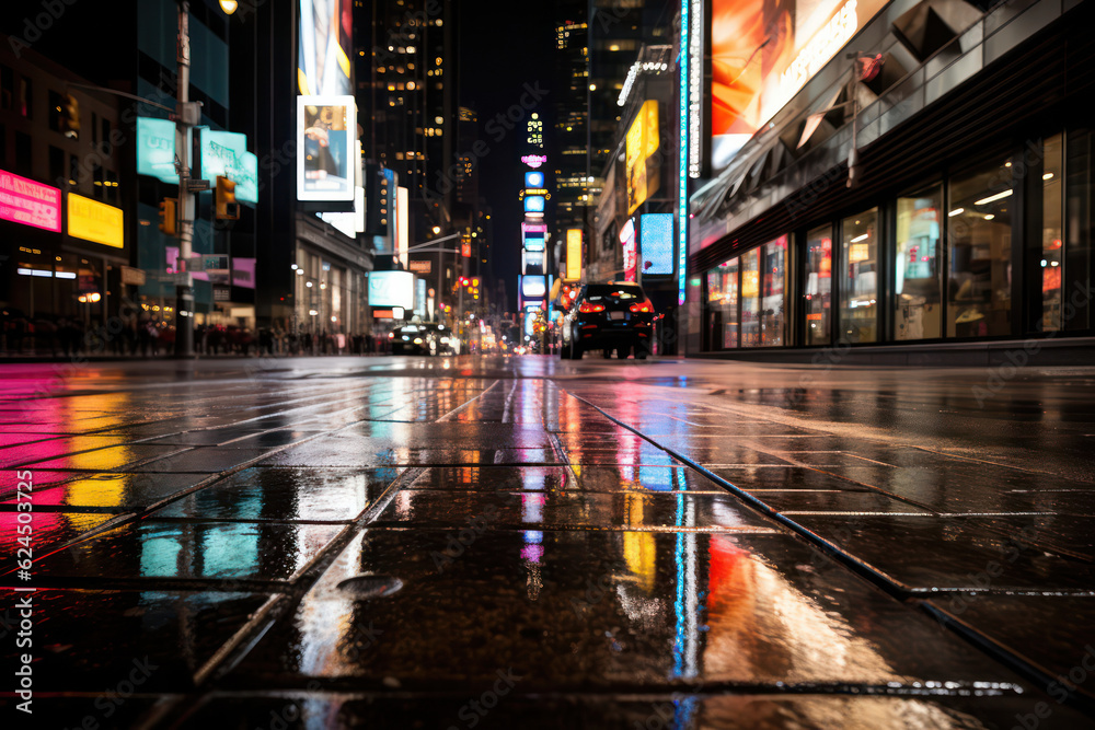 Enchanting portrayal of a city's bustling nightlife, with rain pouring down and neon lights illuminating the streets, showcasing the vibrant energy, entertainment, and social atmosphere of urban night