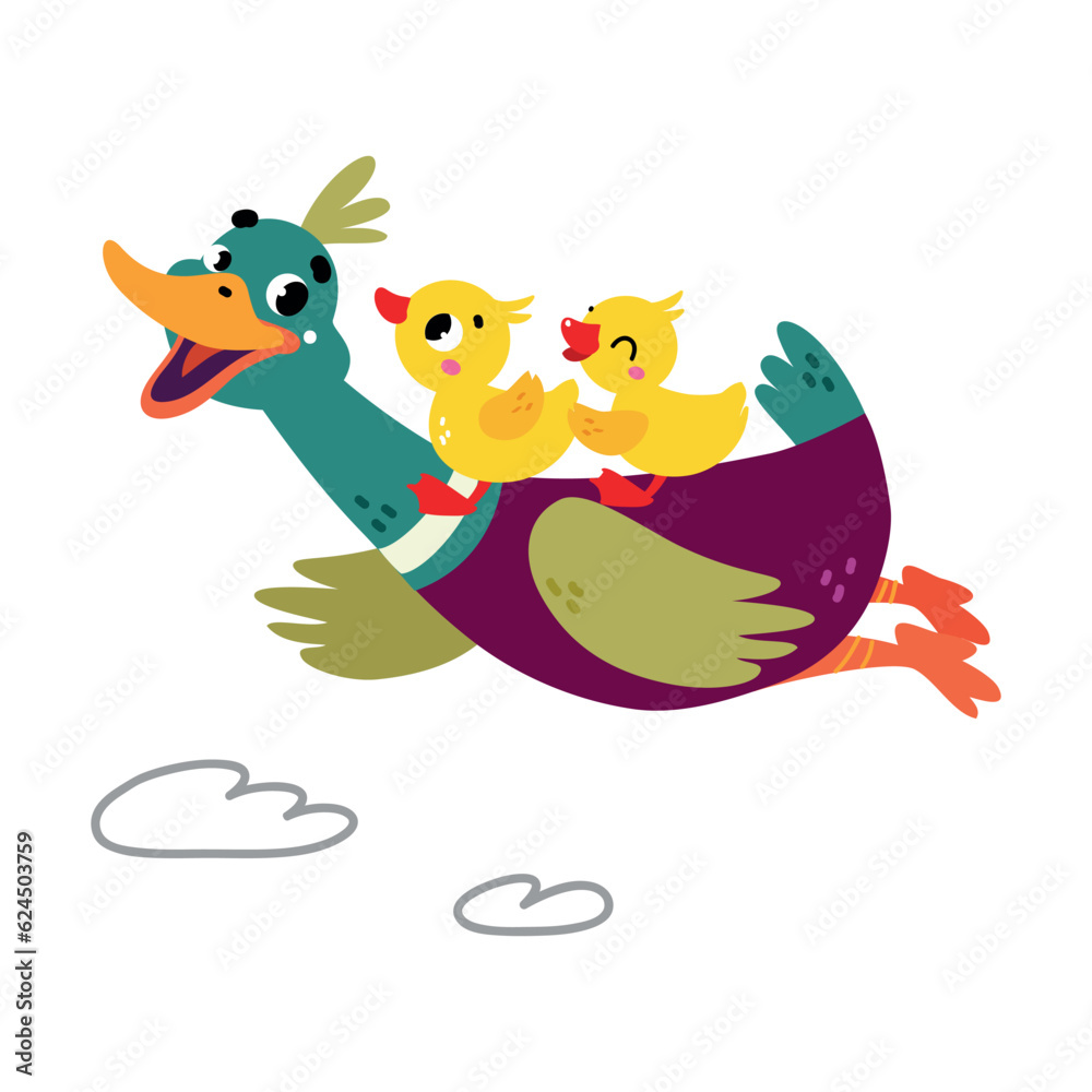 Funny Dabbling Duck Character Flying with Baby Duckling Vector Illustration Funny Dabbling Duck Character Flying with Baby Duckling Vector Illustration