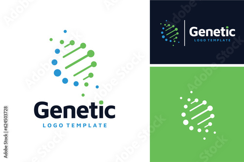 Simple Modern DNA genetic helix chains symbol with spiral dots for biology science logo design