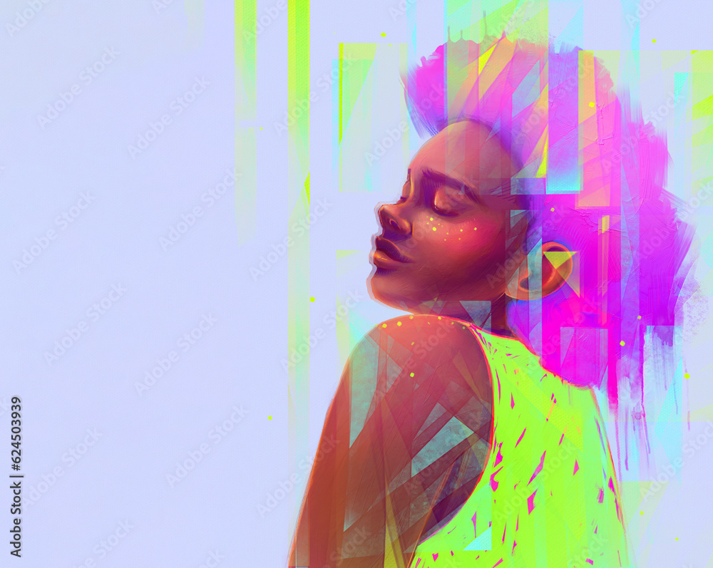 Portrait of african woman with pink hair, copy space