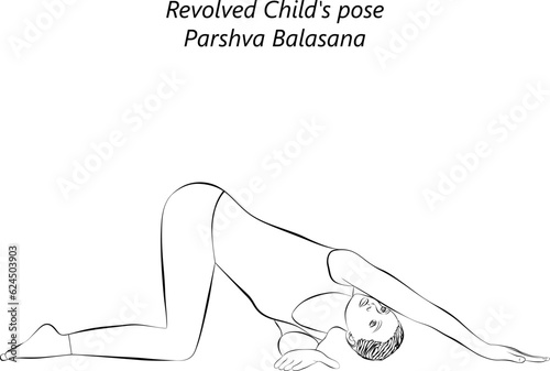 Sketch of young woman practicing yoga, doing Revolved Child pose or Thread the Needle pose. Parshva Balasana. Arm Leg Support and Twist. Beginner. Isolated vector illustration.