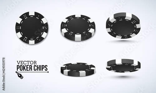 Poker chips in different position. Black chips isolated on light background. Vector illustration.