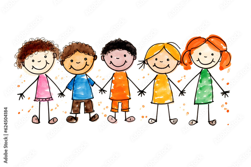 Five cartoon children standing in a row smiling with varied outfits Five cartoon children standing in a row smiling with varied outfits