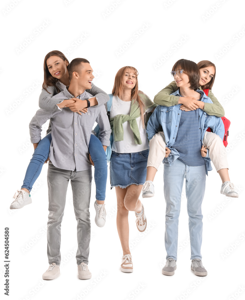 Obraz premium Group of teenage students on white background