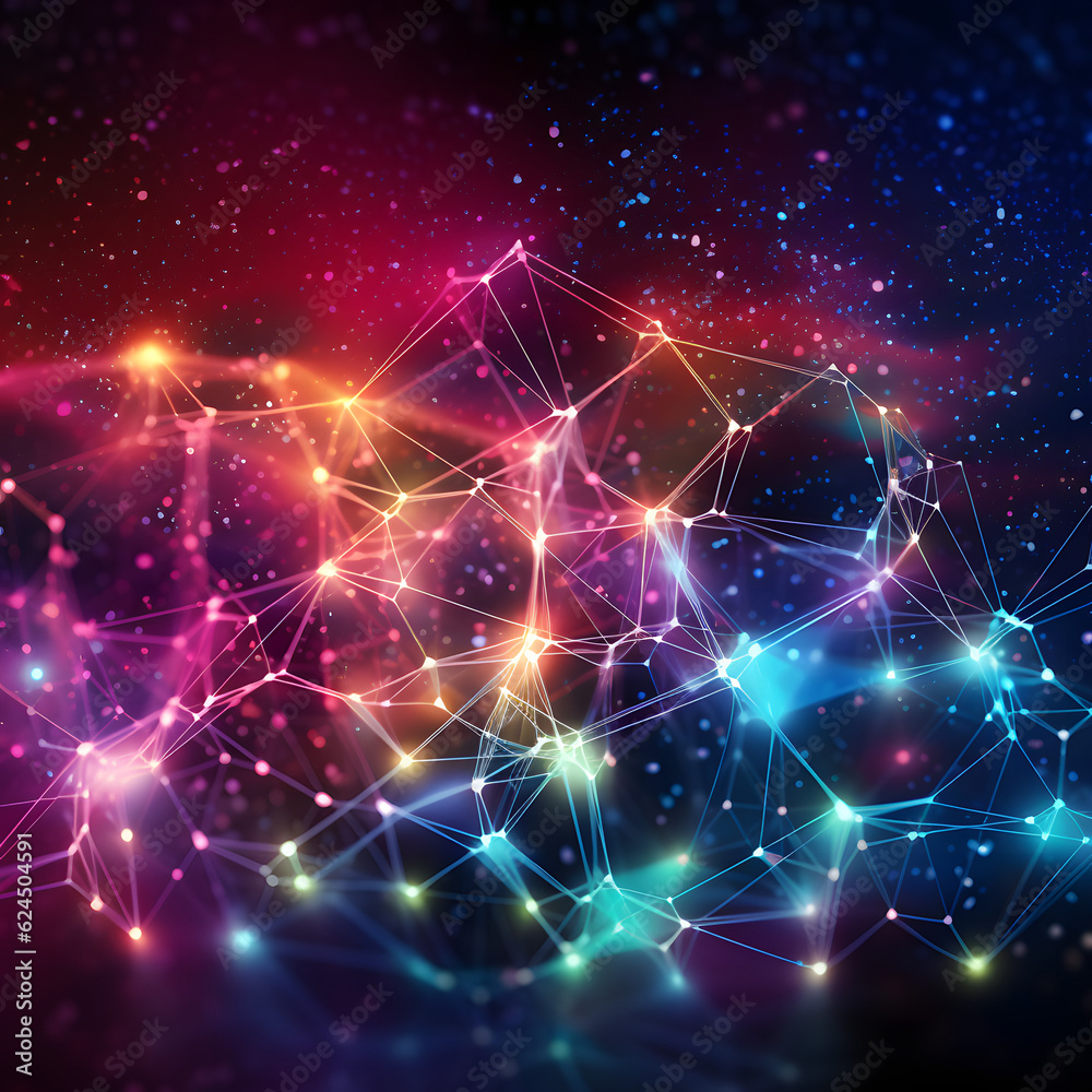 Luminous interconnected nodes with radiant hues against a cosmic backdrop Luminous interconnected nodes with radiant hues against a cosmic backdrop
