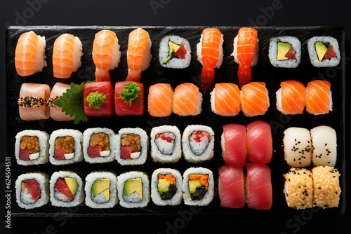 Sushi rolls on black background, AI Generated