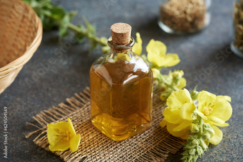 A bottle of herbal tincture with fresh mullein blossoms photo