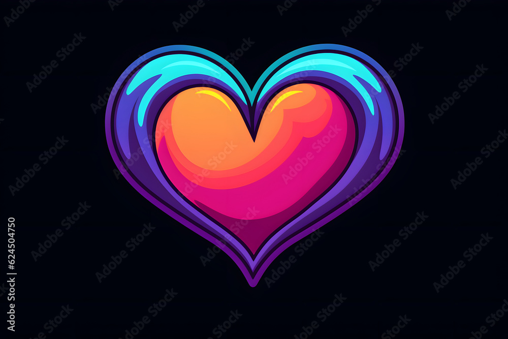 Vibrant neon heart with blue outlines on a dark background