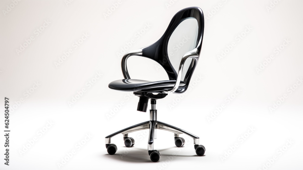 A modern black office chair stands in stark contrast against a clear white background. A modern black office chair stands in stark contrast against a clear white background.