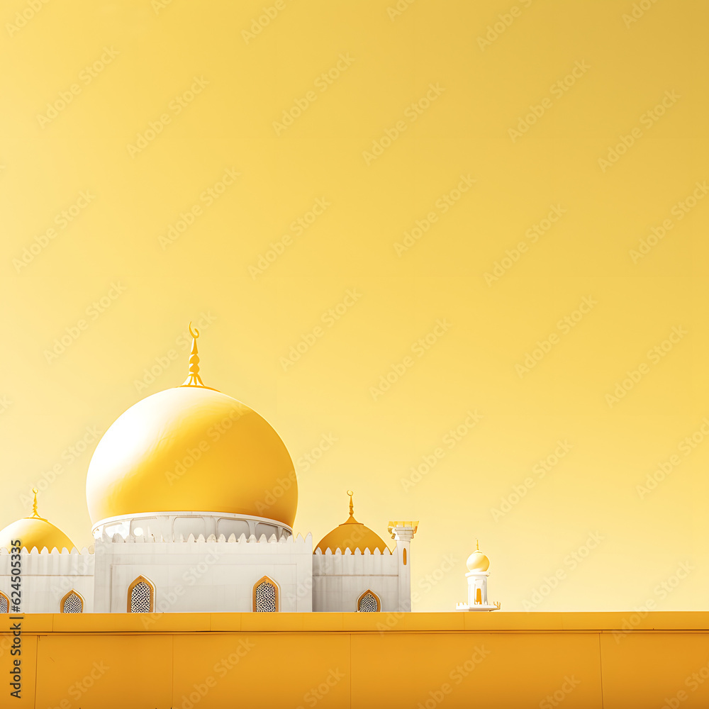 White and gold mosque on a vibrant yellow background