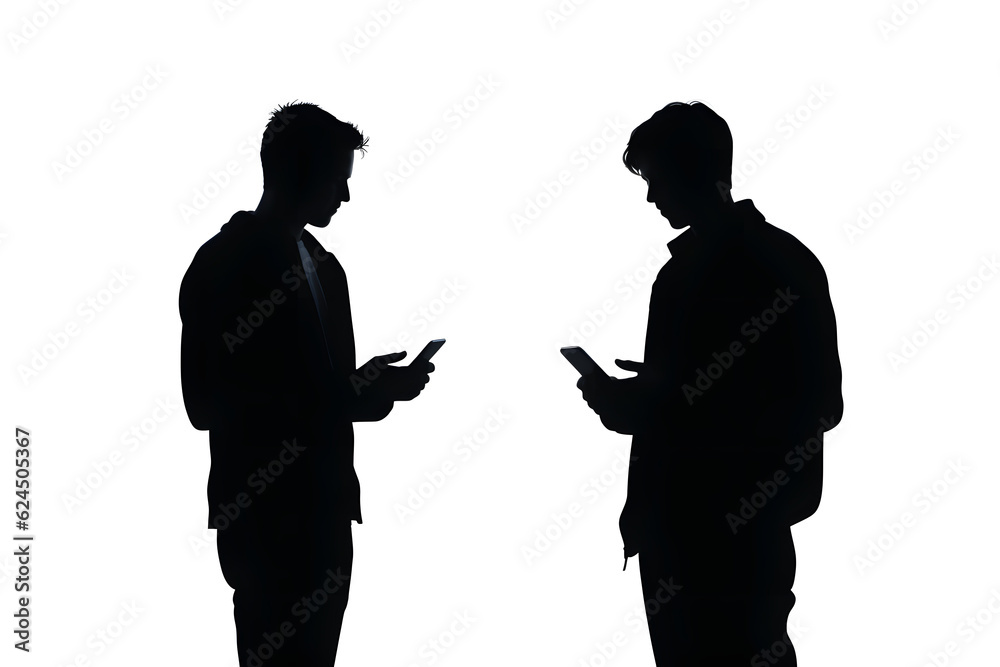 silhouette of people standing with smartphone in the hand on a white background