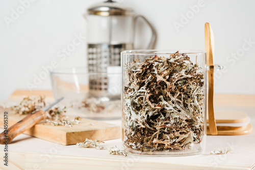 Dry icelandic moss in a glass jar.