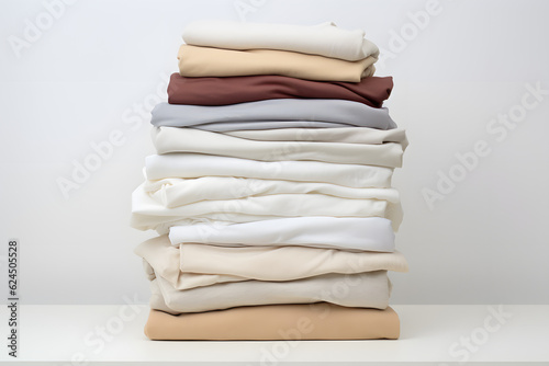 Neatly folded clothes stacked on a wooden surface against a white backdrop