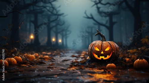 Jack-o'-lantern Halloween smiling pumpkin on a dark background. Generative AI